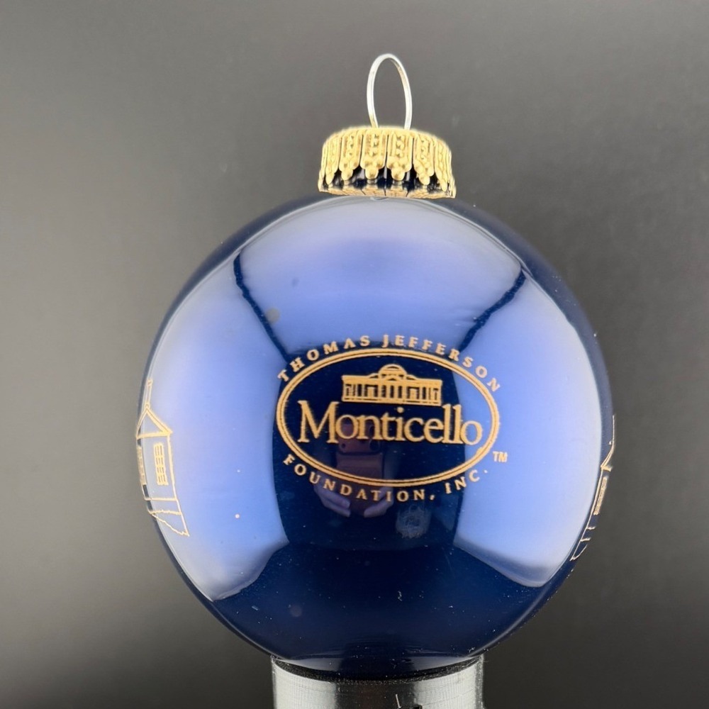 Thomas Jefferson Foundation Monticello Ornament Blue Glass Gold Etched Souvenir